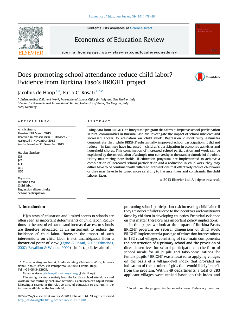 Does promoting school attendance reduce child labor? Evidence from Burkina Faso's BRIGHT project