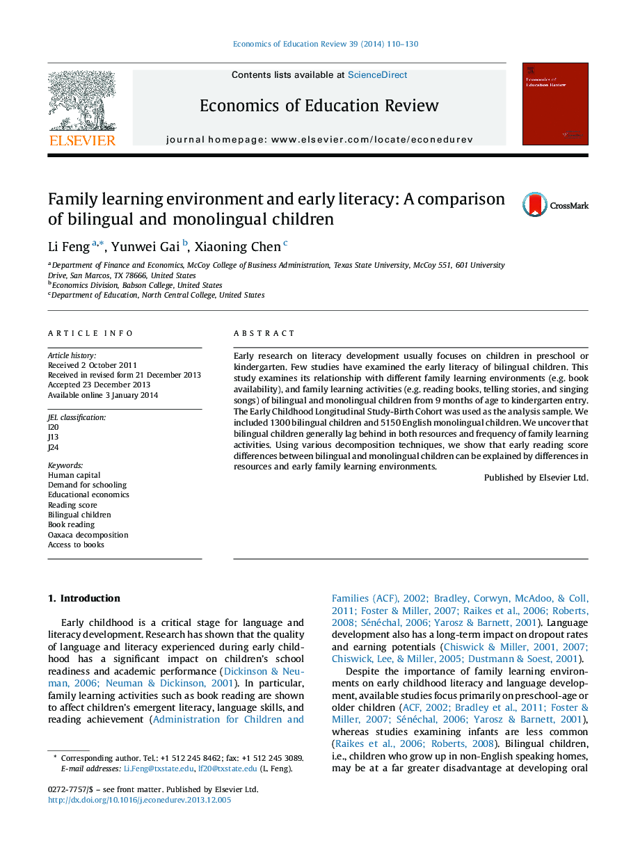 Family learning environment and early literacy: A comparison of bilingual and monolingual children