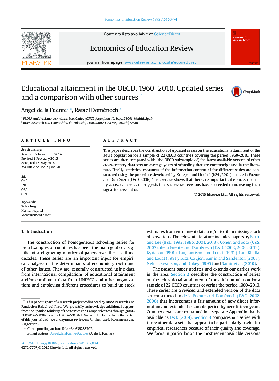 Educational attainment in the OECD, 1960–2010. Updated series and a comparison with other sources
 