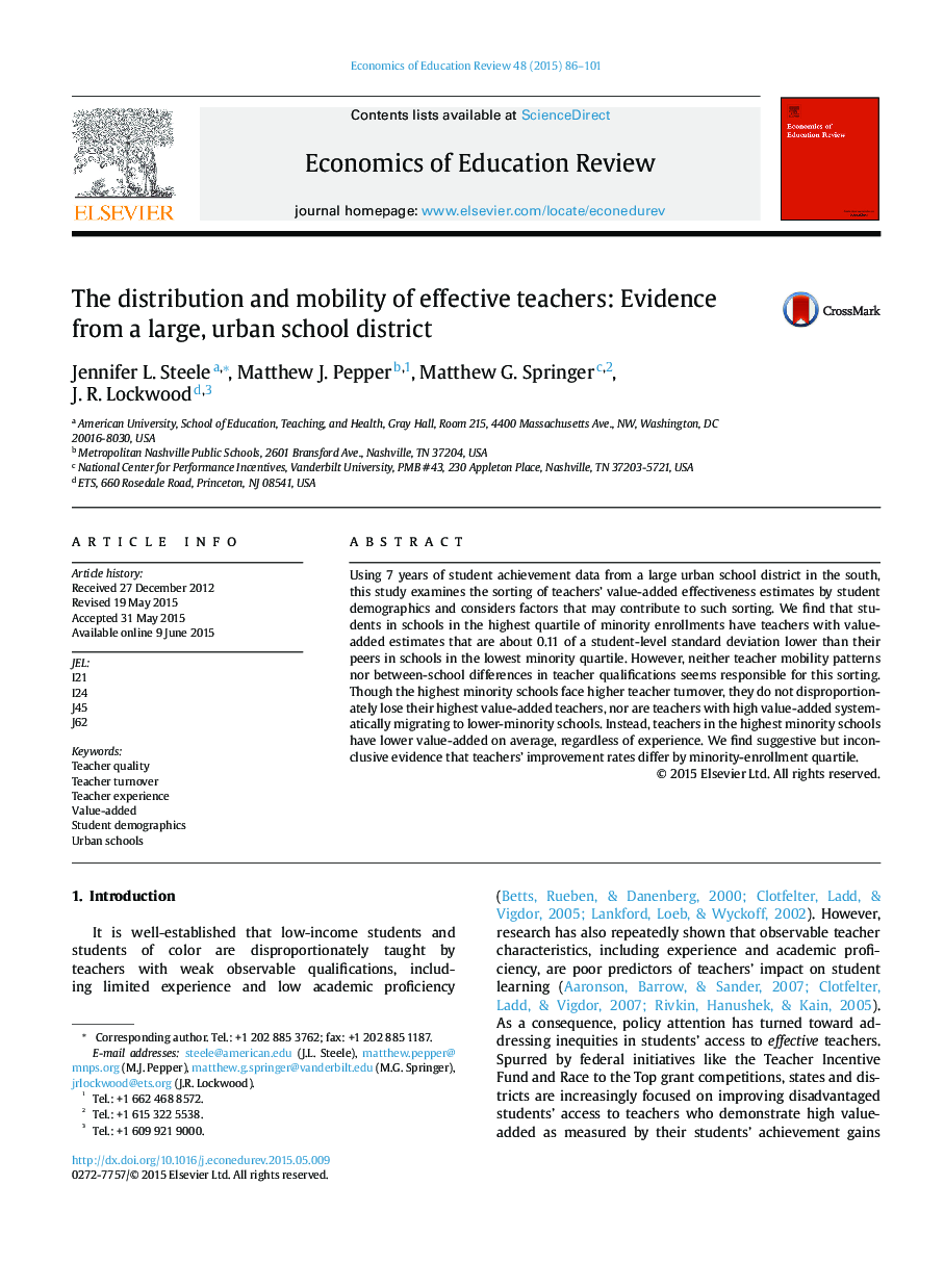The distribution and mobility of effective teachers: Evidence from a large, urban school district