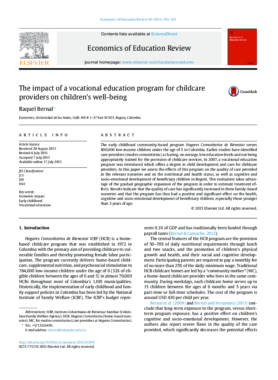 The impact of a vocational education program for childcare providers on children's well-being