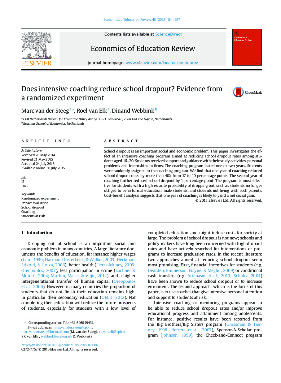 Does intensive coaching reduce school dropout? Evidence from a randomized experiment