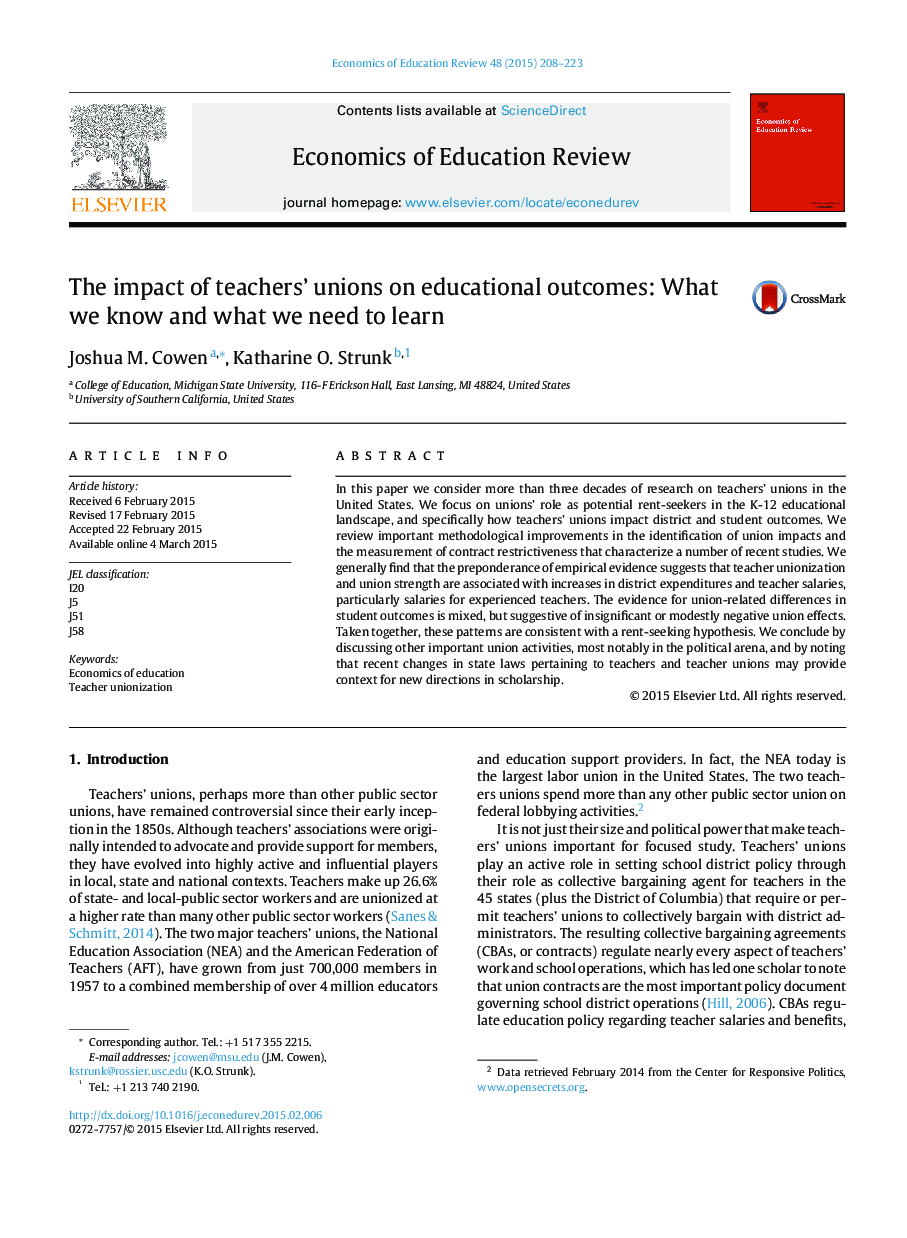 The impact of teachers’ unions on educational outcomes: What we know and what we need to learn