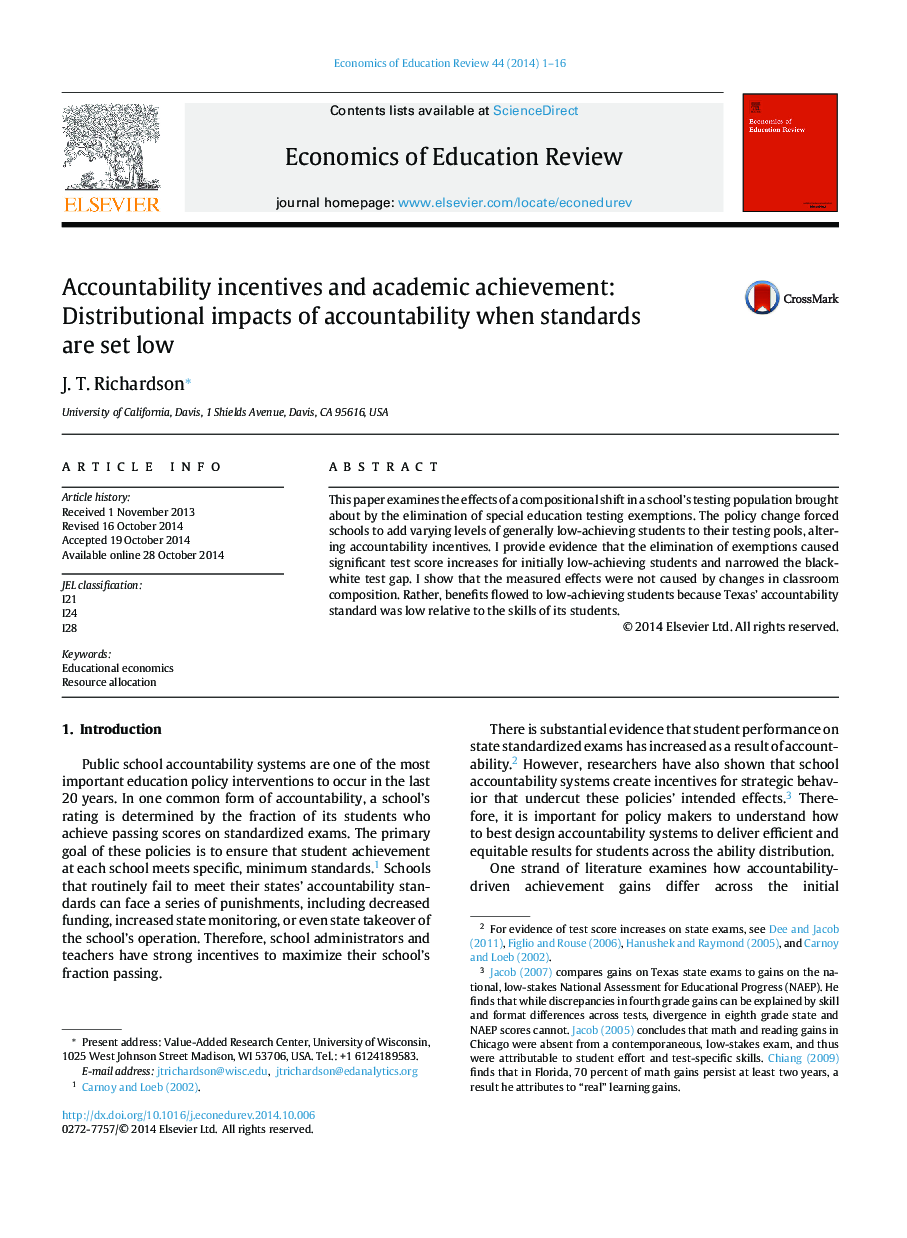 Accountability incentives and academic achievement: Distributional impacts of accountability when standards are set low