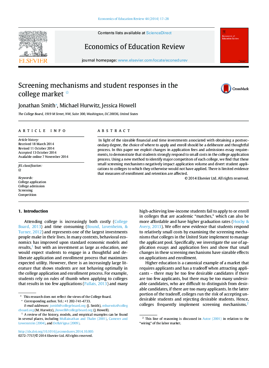 Screening mechanisms and student responses in the college market
 