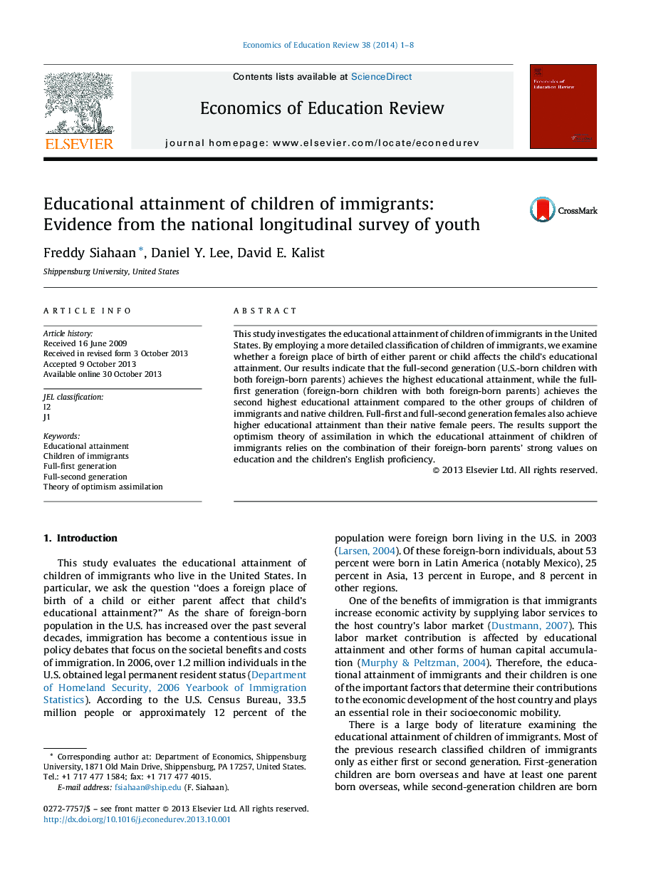 Educational attainment of children of immigrants: Evidence from the national longitudinal survey of youth