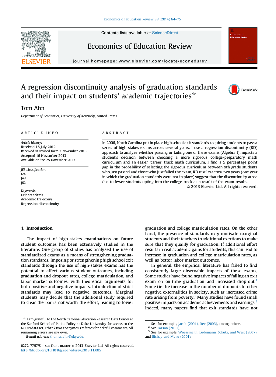 A regression discontinuity analysis of graduation standards and their impact on students’ academic trajectories 