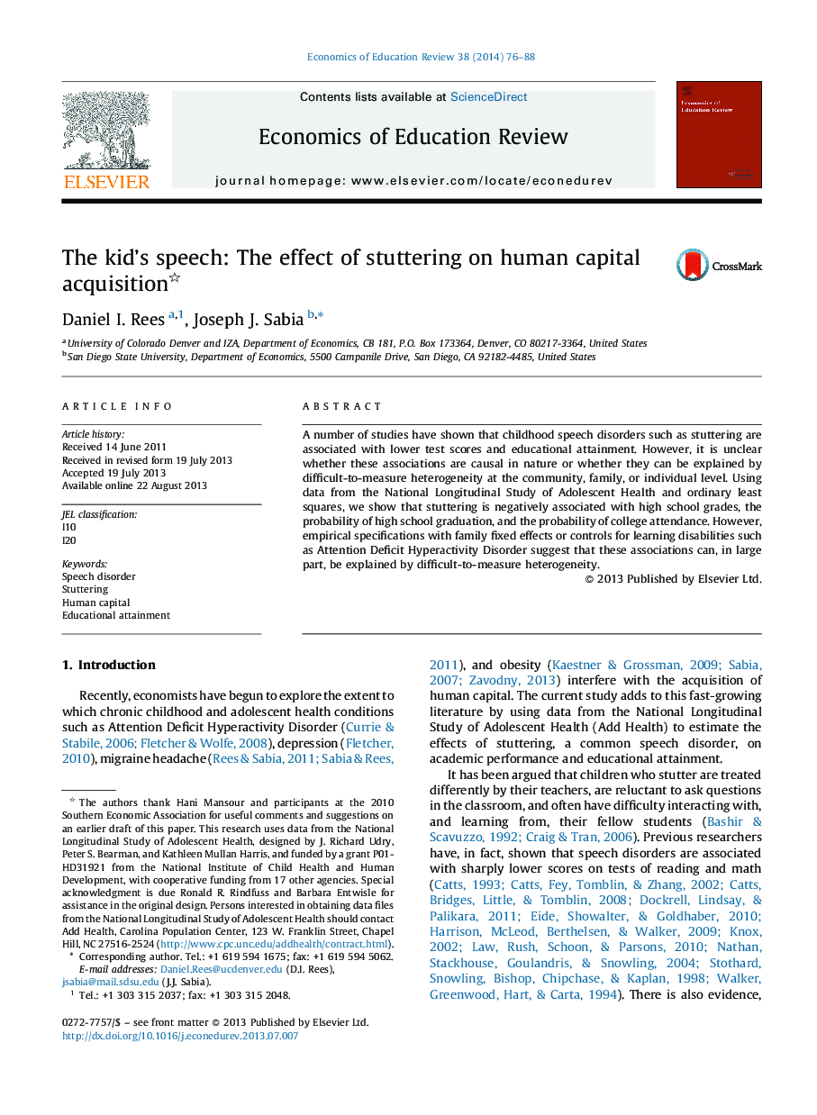 The kid's speech: The effect of stuttering on human capital acquisition 