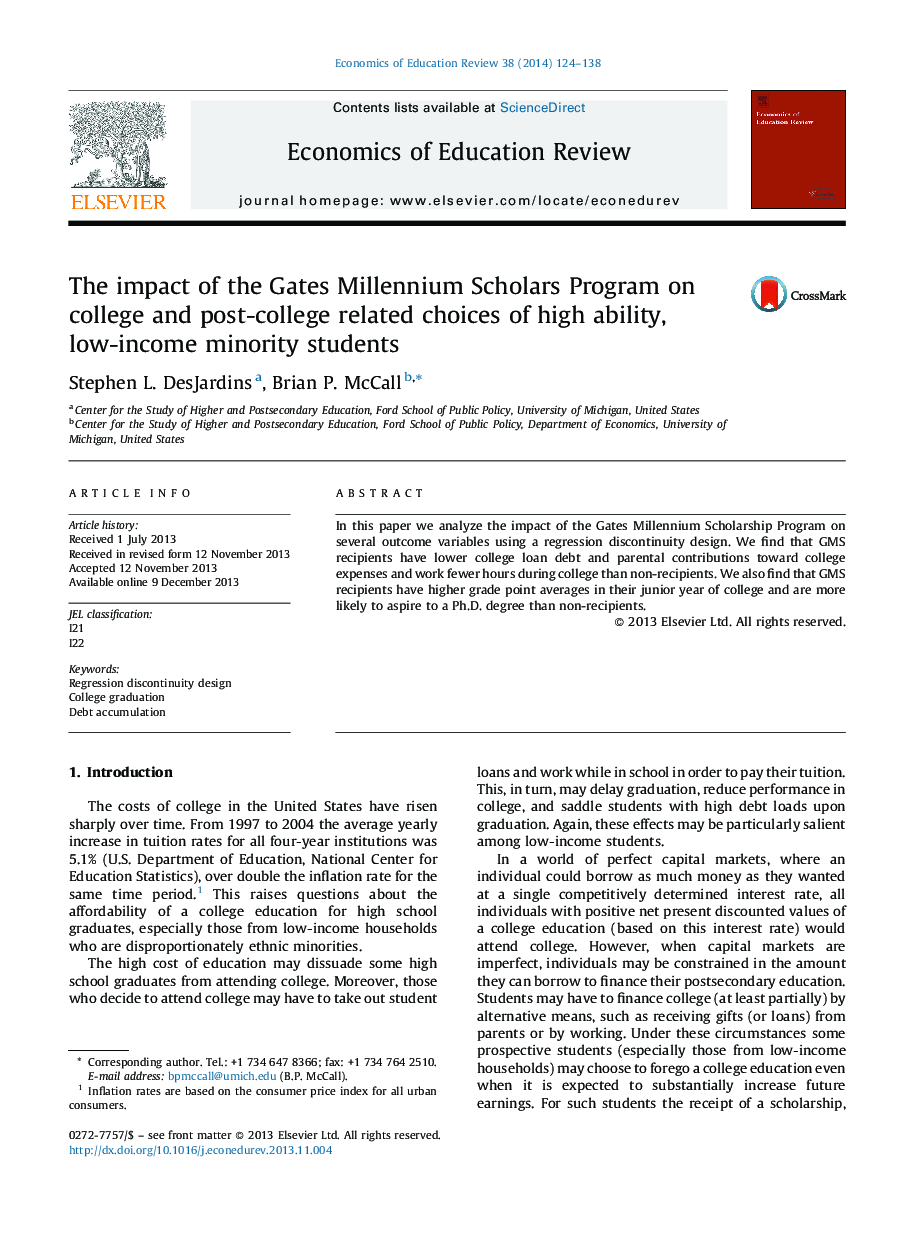 The impact of the Gates Millennium Scholars Program on college and post-college related choices of high ability, low-income minority students