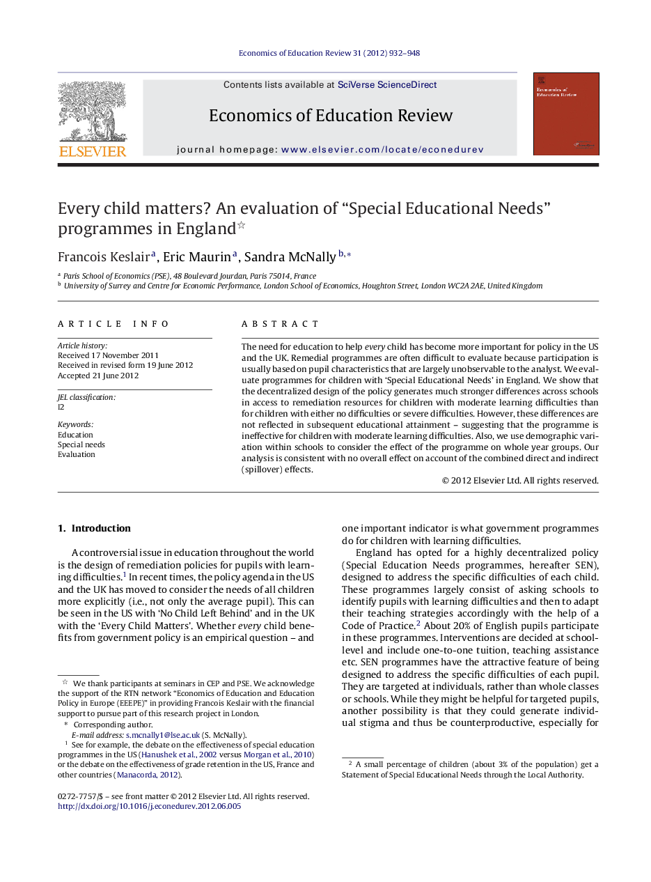 Every child matters? An evaluation of “Special Educational Needs” programmes in England 