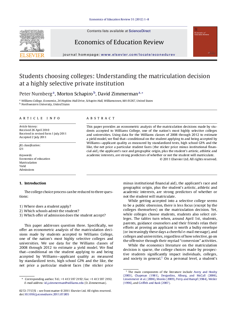 Students choosing colleges: Understanding the matriculation decision at a highly selective private institution