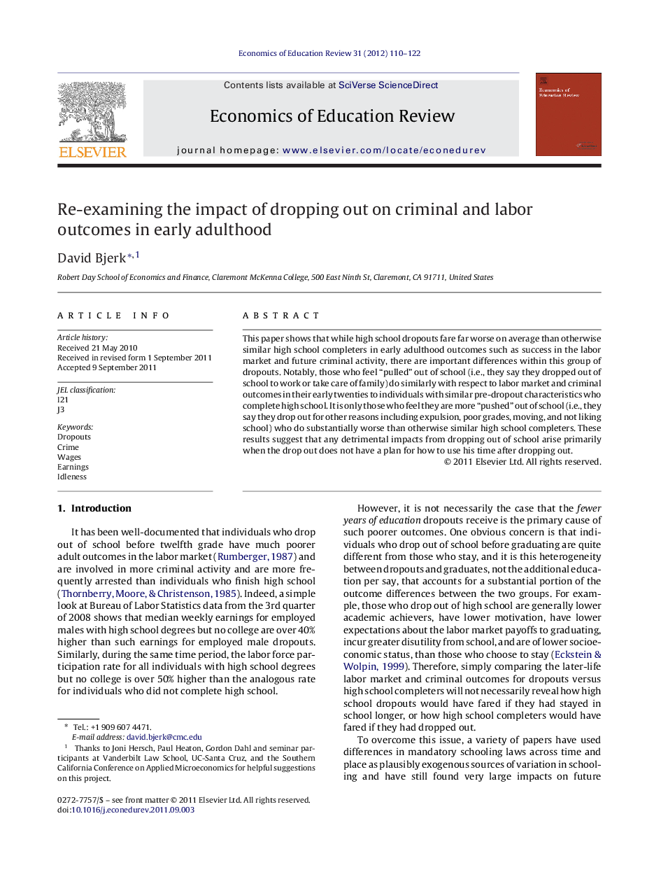 Re-examining the impact of dropping out on criminal and labor outcomes in early adulthood