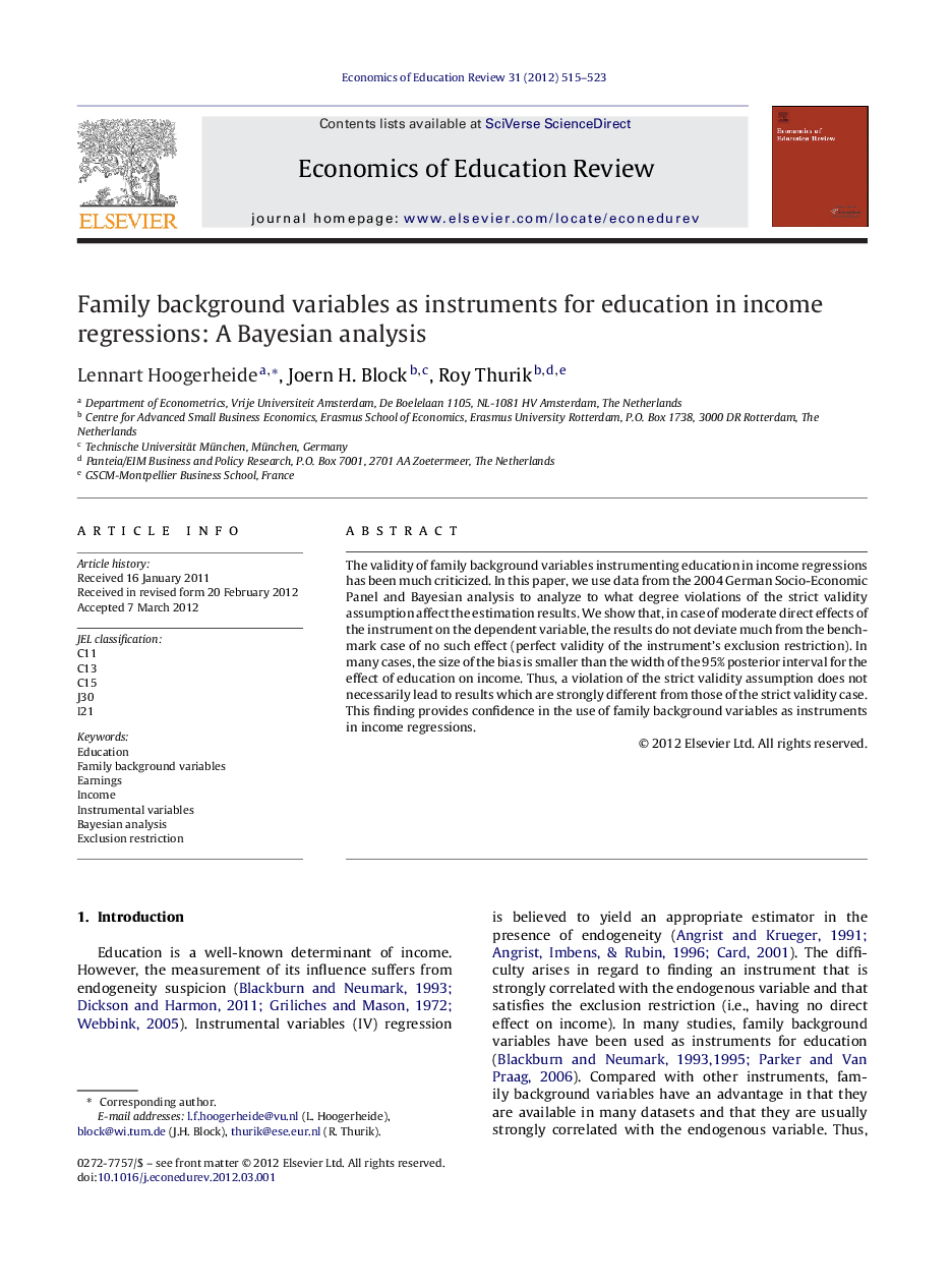 Family background variables as instruments for education in income regressions: A Bayesian analysis