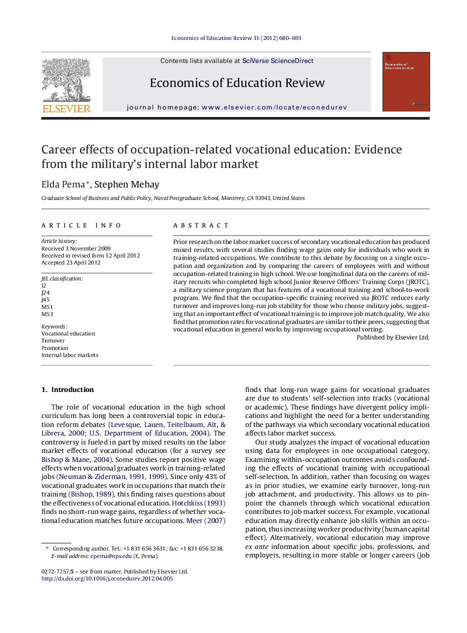 Career effects of occupation-related vocational education: Evidence from the military's internal labor market