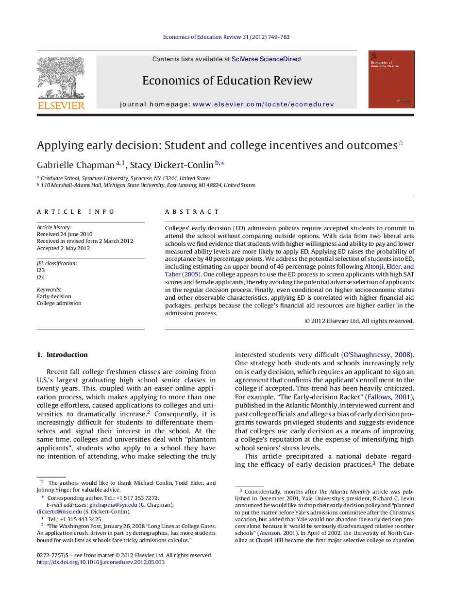 Applying early decision: Student and college incentives and outcomes 