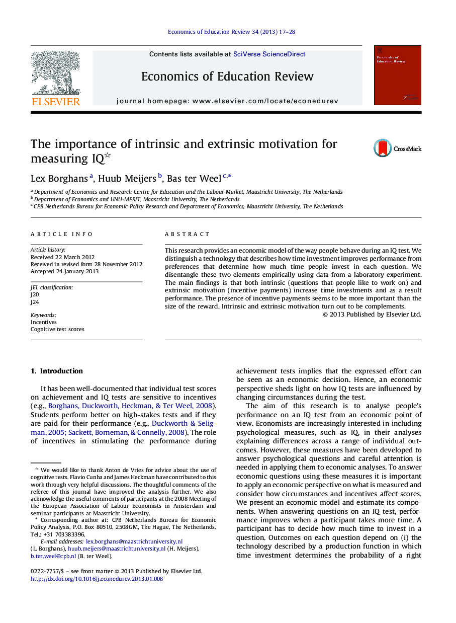 The importance of intrinsic and extrinsic motivation for measuring IQ 