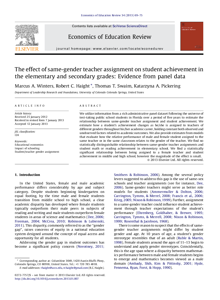 The effect of same-gender teacher assignment on student achievement in the elementary and secondary grades: Evidence from panel data