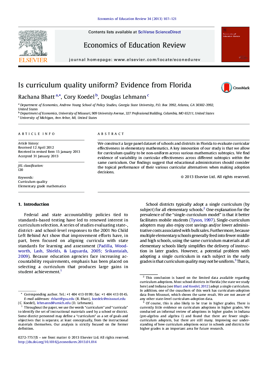 Is curriculum quality uniform? Evidence from Florida