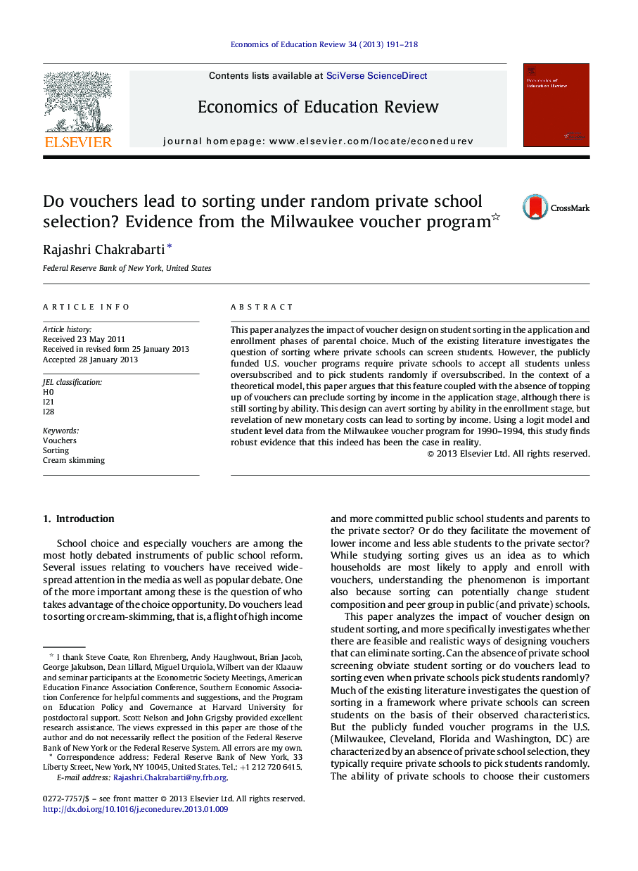 Do vouchers lead to sorting under random private school selection? Evidence from the Milwaukee voucher program 