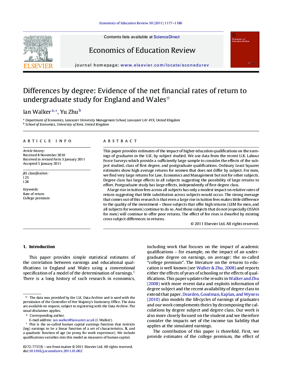 Differences by degree: Evidence of the net financial rates of return to undergraduate study for England and Wales 