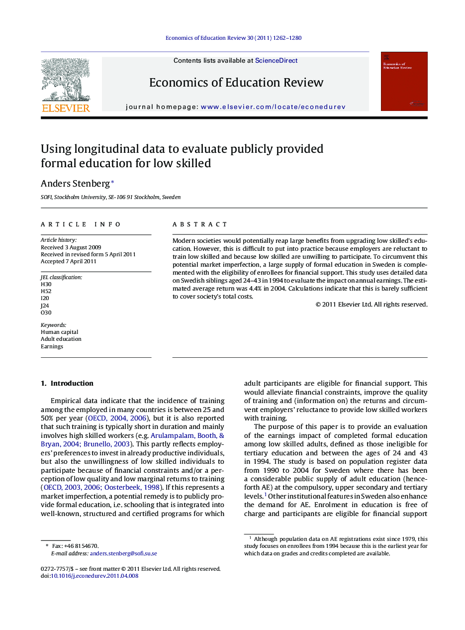 Using longitudinal data to evaluate publicly provided formal education for low skilled