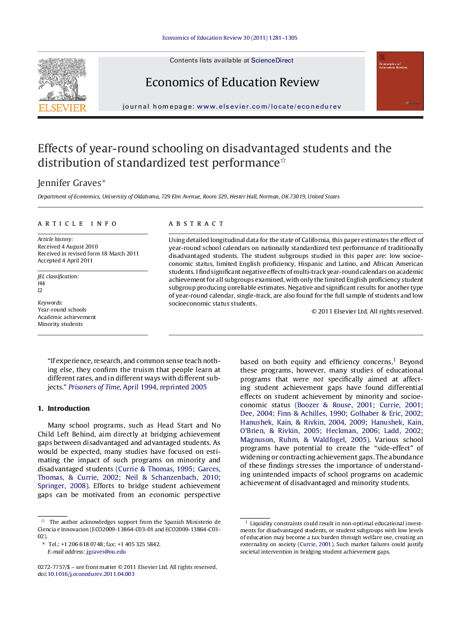 Effects of year-round schooling on disadvantaged students and the distribution of standardized test performance 