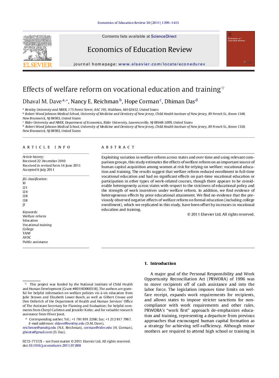 Effects of welfare reform on vocational education and training 