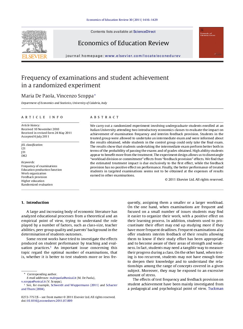 Frequency of examinations and student achievement in a randomized experiment