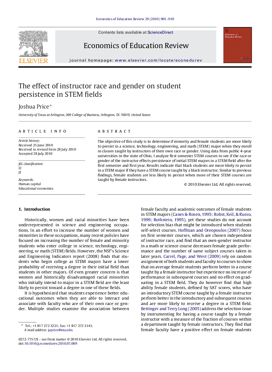 The effect of instructor race and gender on student persistence in STEM fields