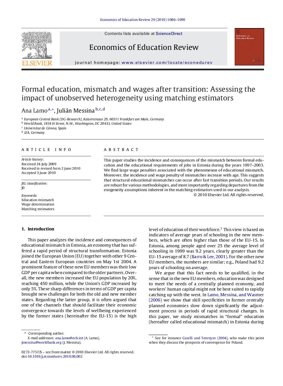 Formal education, mismatch and wages after transition: Assessing the impact of unobserved heterogeneity using matching estimators