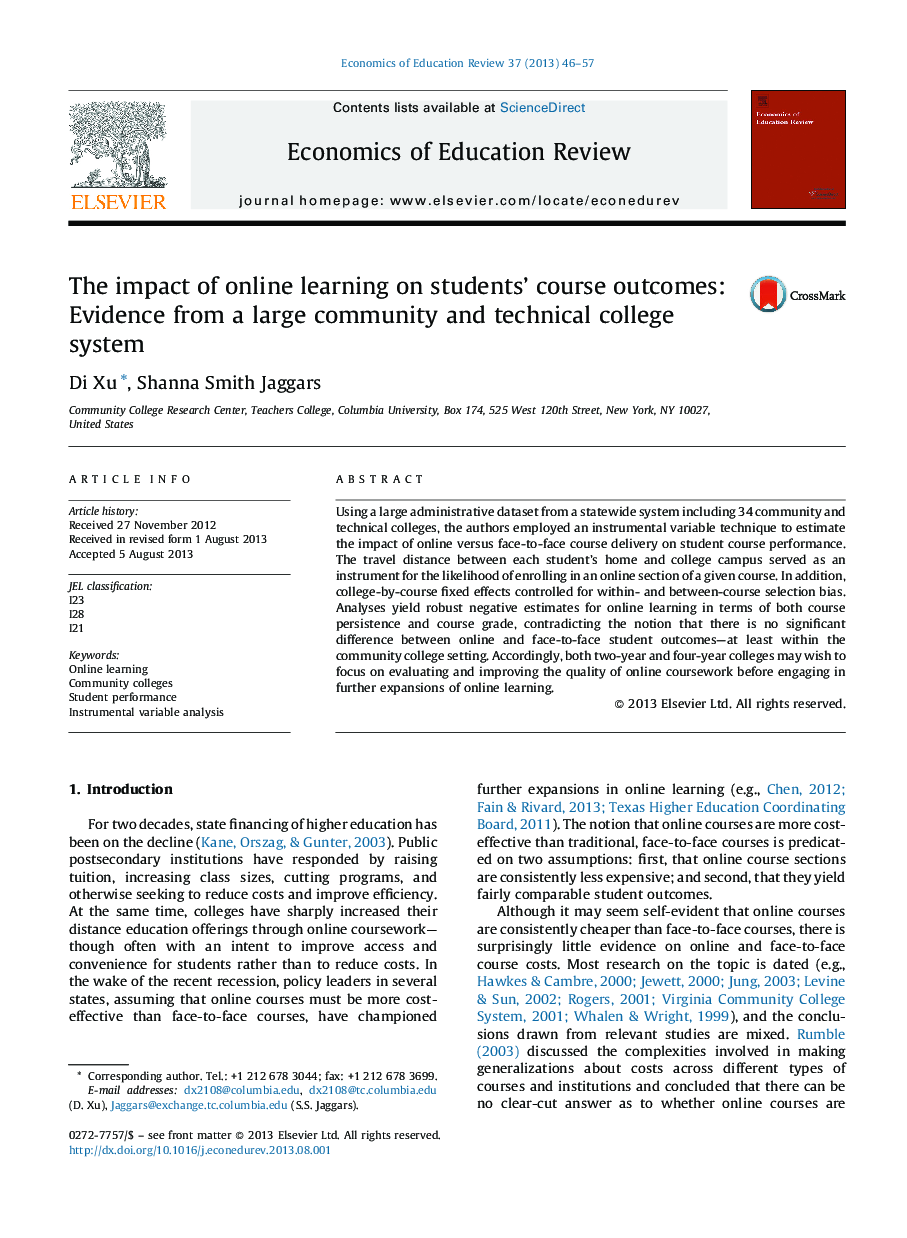 The impact of online learning on students’ course outcomes: Evidence from a large community and technical college system