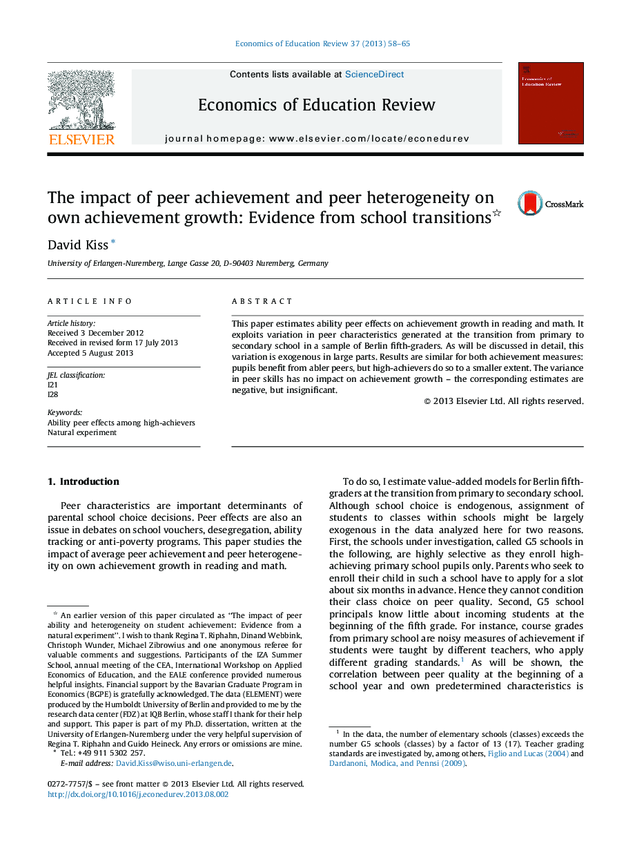 The impact of peer achievement and peer heterogeneity on own achievement growth: Evidence from school transitions 