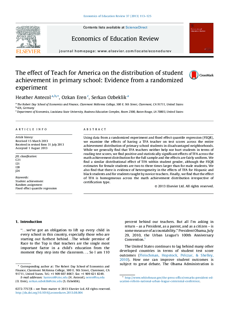 The effect of Teach for America on the distribution of student achievement in primary school: Evidence from a randomized experiment