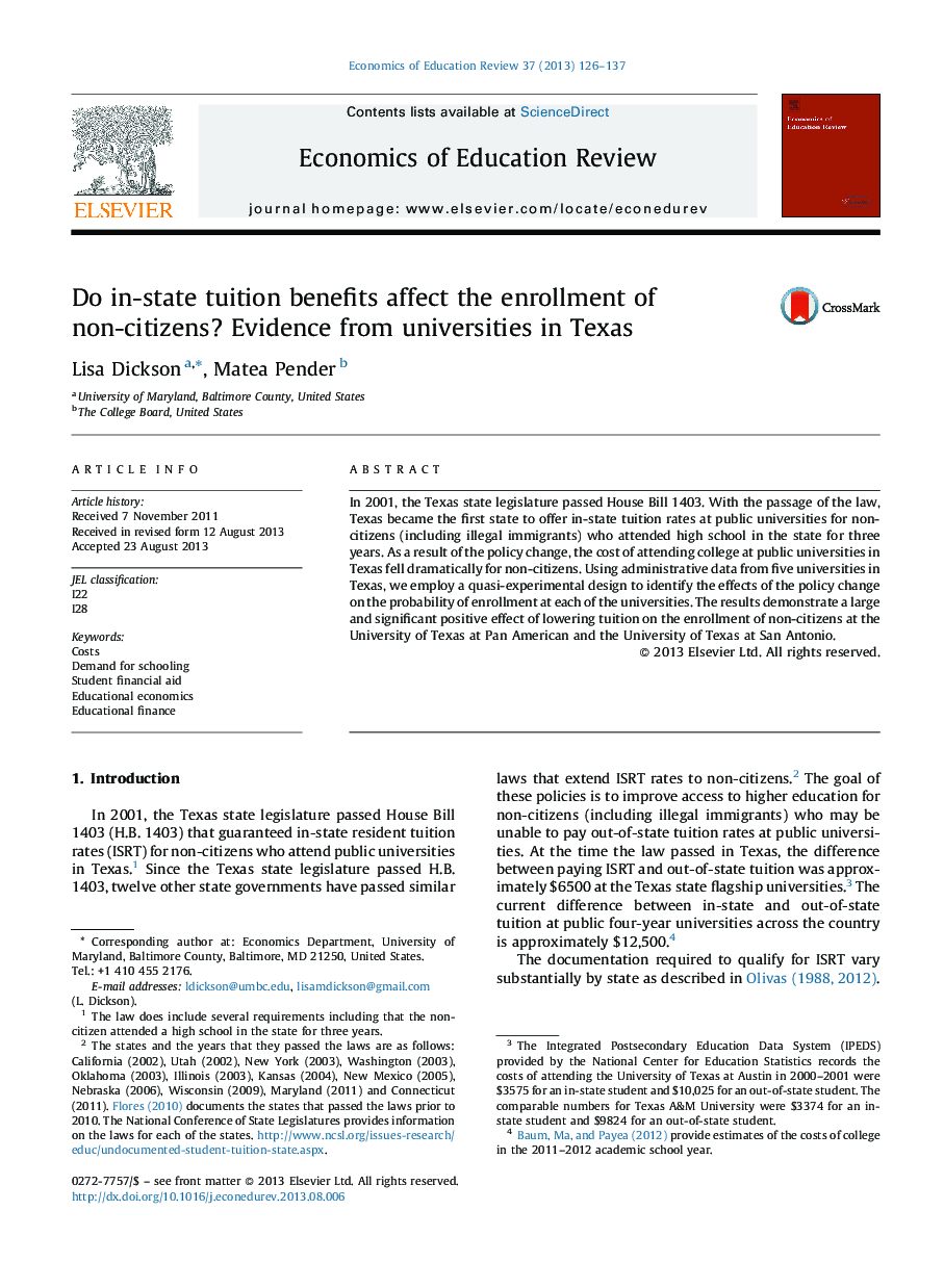 Do in-state tuition benefits affect the enrollment of non-citizens? Evidence from universities in Texas