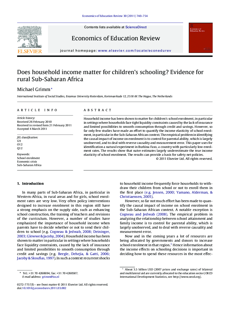 Does household income matter for children’s schooling? Evidence for rural Sub-Saharan Africa