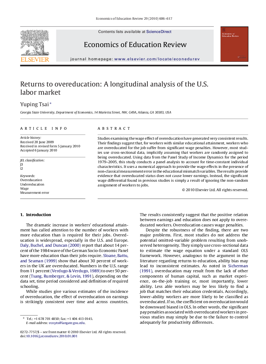 Returns to overeducation: A longitudinal analysis of the U.S. labor market