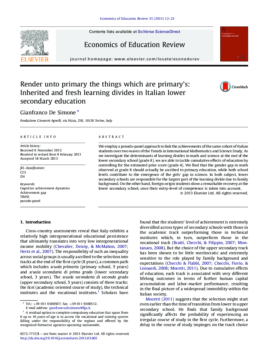 Render unto primary the things which are primary's: Inherited and fresh learning divides in Italian lower secondary education