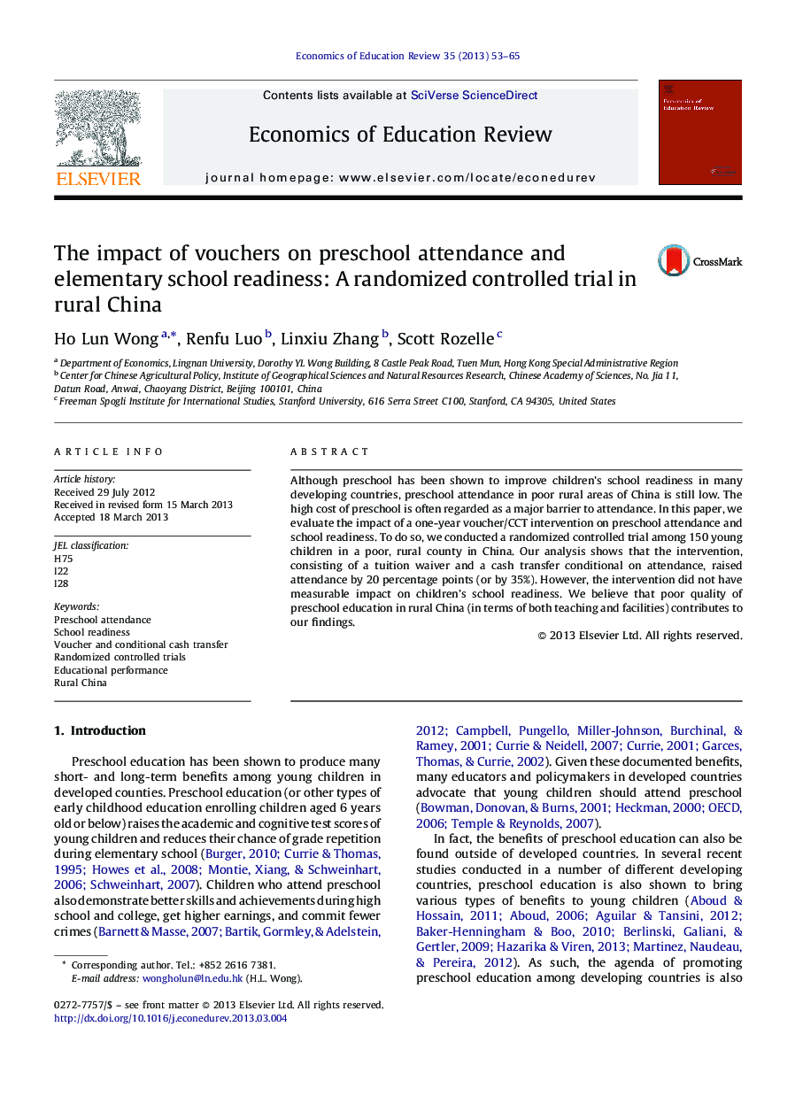 The impact of vouchers on preschool attendance and elementary school readiness: A randomized controlled trial in rural China