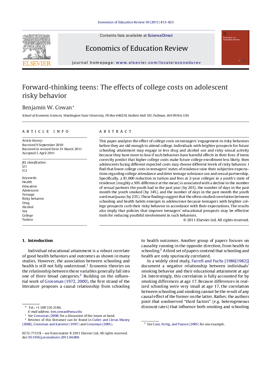 عکس صفحه اول مقاله: Forward-thinking teens: The effects of college costs on adolescent risky behavior Forward-thinking teens: The effects of college costs on adolescent risky behavior