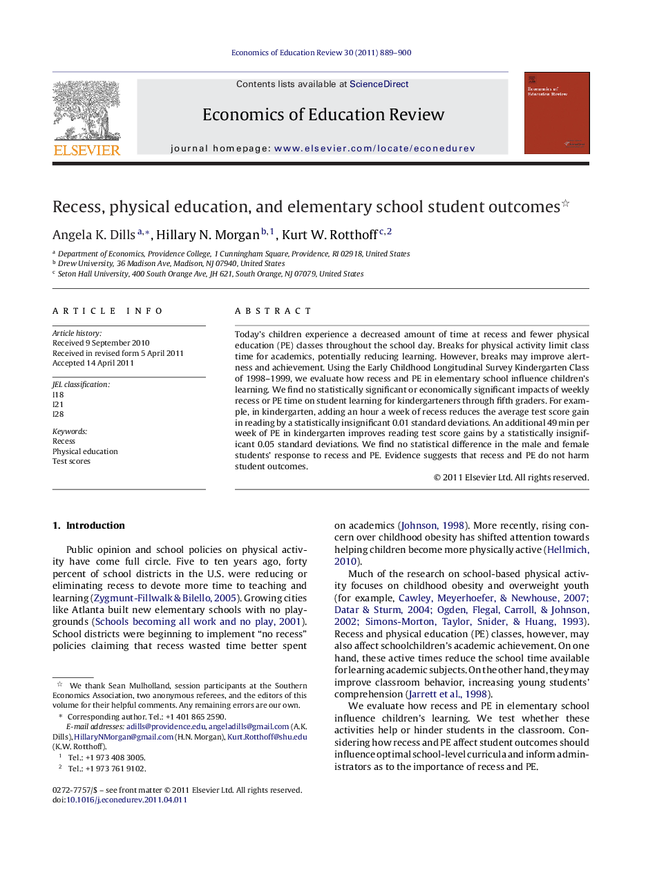 Recess, physical education, and elementary school student outcomes 