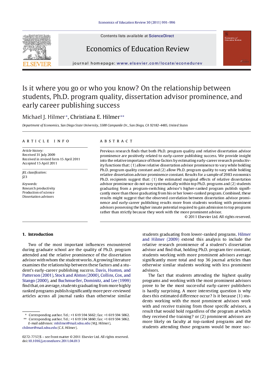 Is it where you go or who you know? On the relationship between students, Ph.D. program quality, dissertation advisor prominence, and early career publishing success