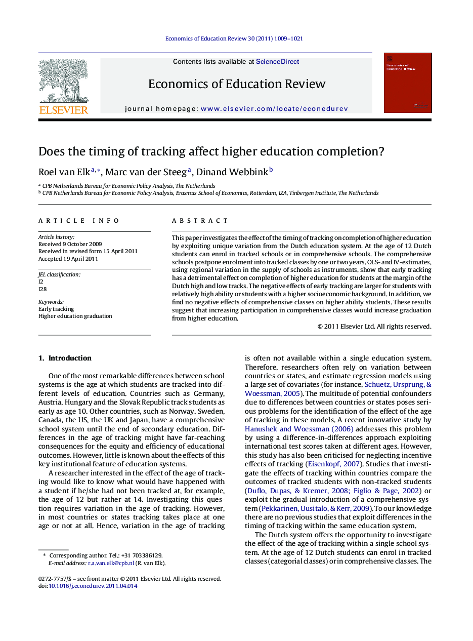 عکس صفحه اول مقاله: Does the timing of tracking affect higher education completion? Does the timing of tracking affect higher education completion?