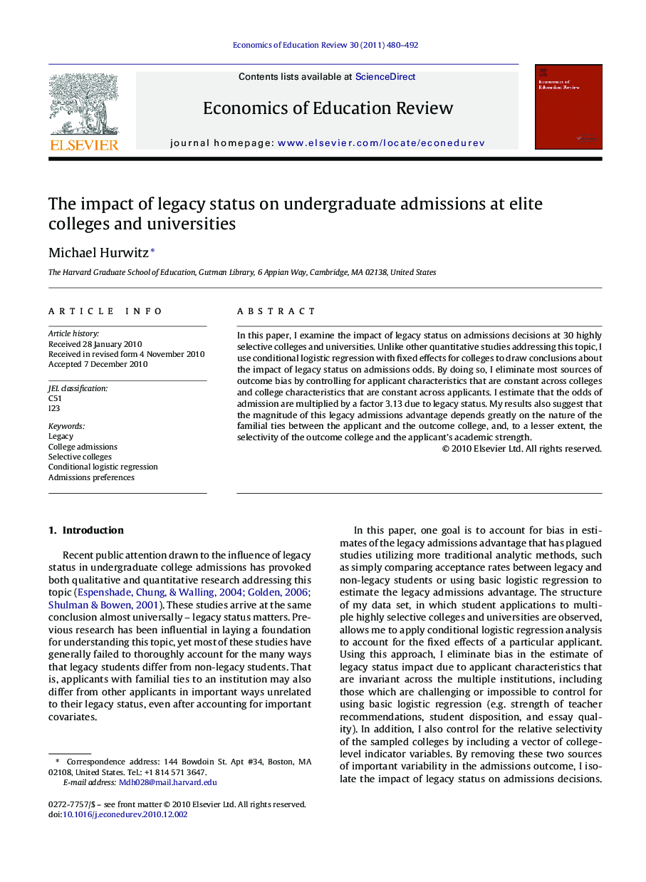 The impact of legacy status on undergraduate admissions at elite colleges and universities