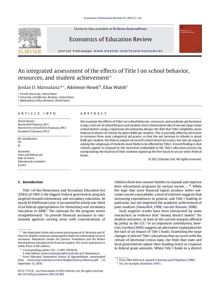 An integrated assessment of the effects of Title I on school behavior, resources, and student achievement 