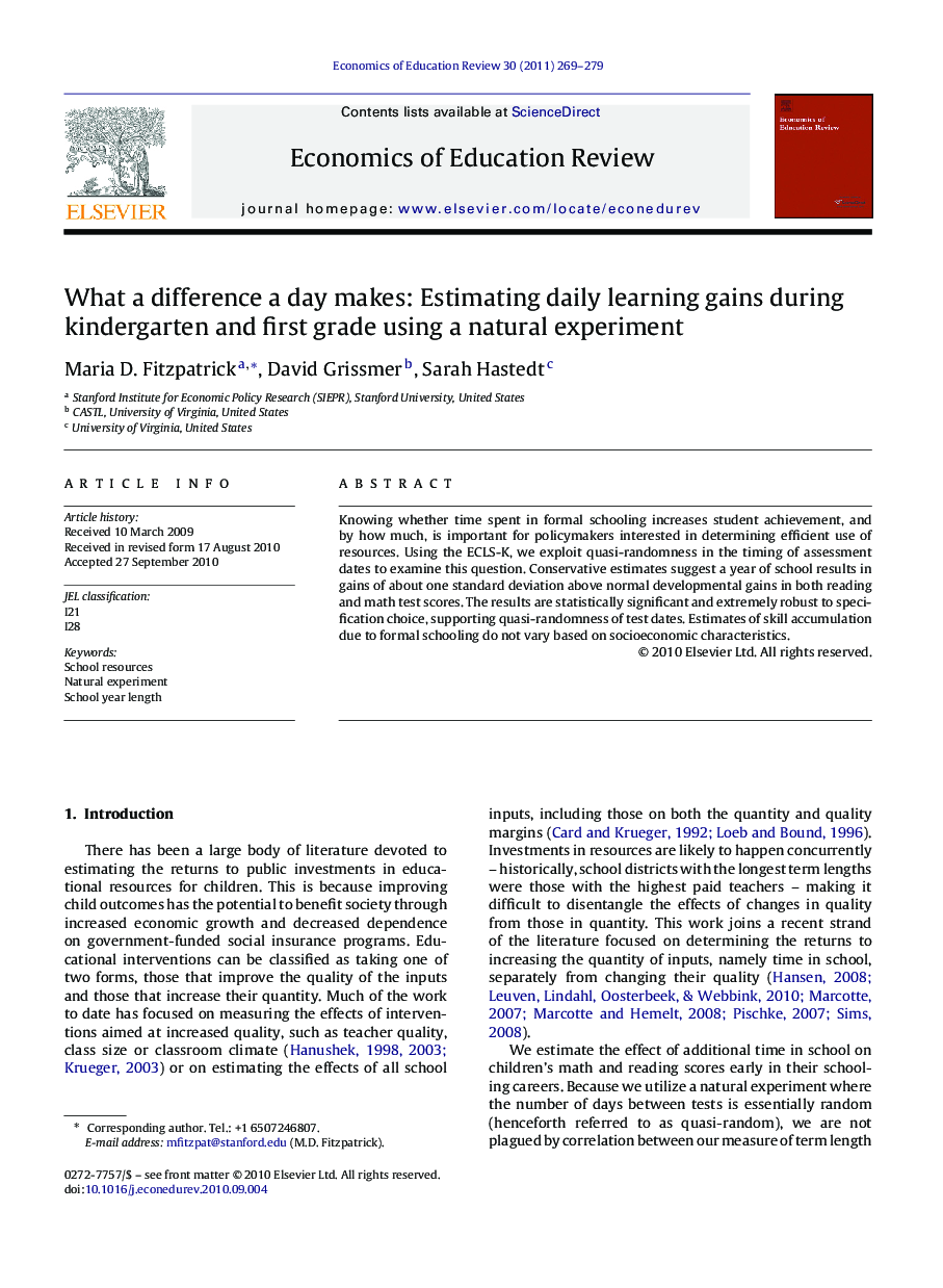What a difference a day makes: Estimating daily learning gains during kindergarten and first grade using a natural experiment