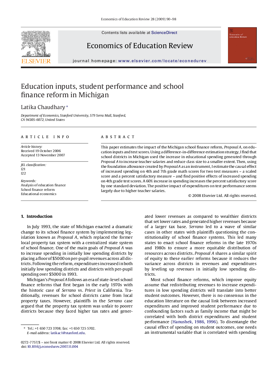 Education inputs, student performance and school finance reform in Michigan