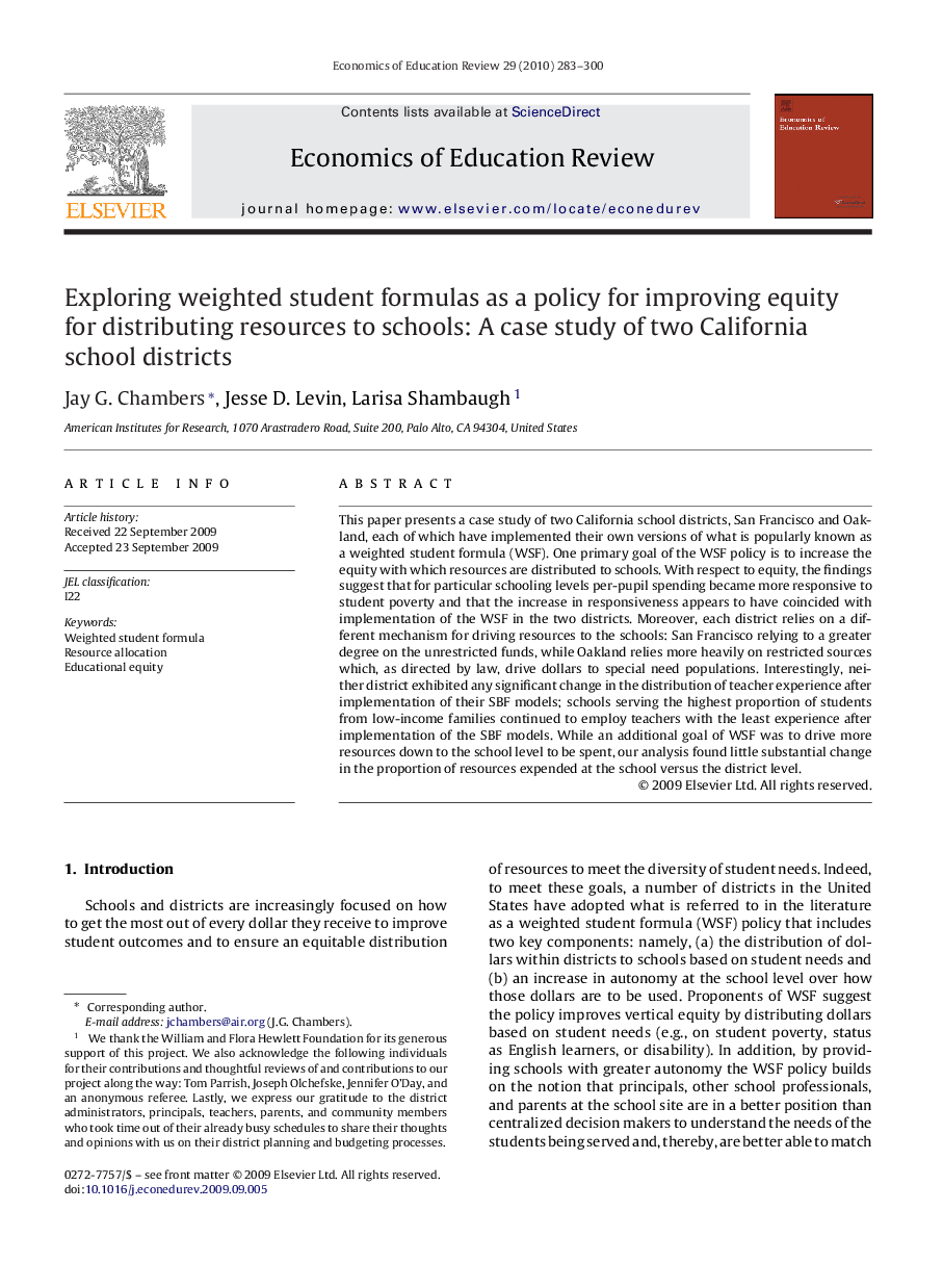 Exploring weighted student formulas as a policy for improving equity for distributing resources to schools: A case study of two California school districts