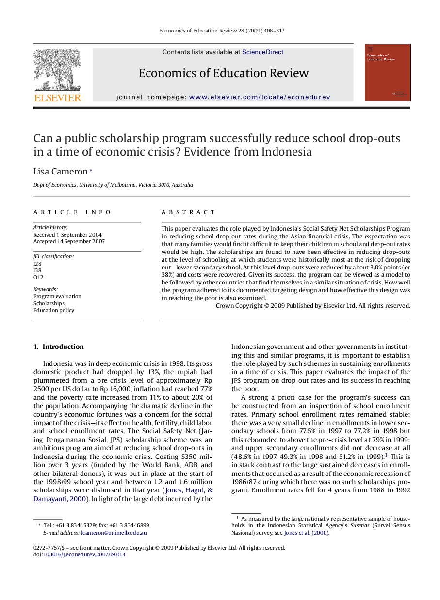 Can a public scholarship program successfully reduce school drop-outs in a time of economic crisis? Evidence from Indonesia