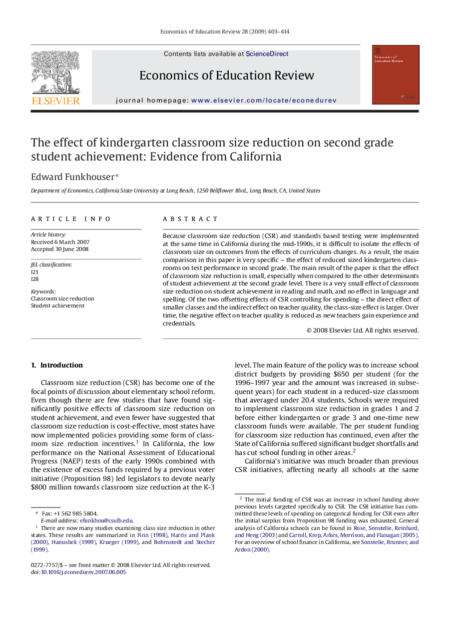The effect of kindergarten classroom size reduction on second grade student achievement: Evidence from California