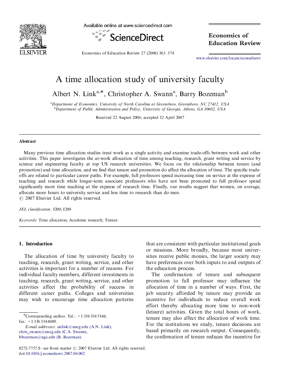 A time allocation study of university faculty